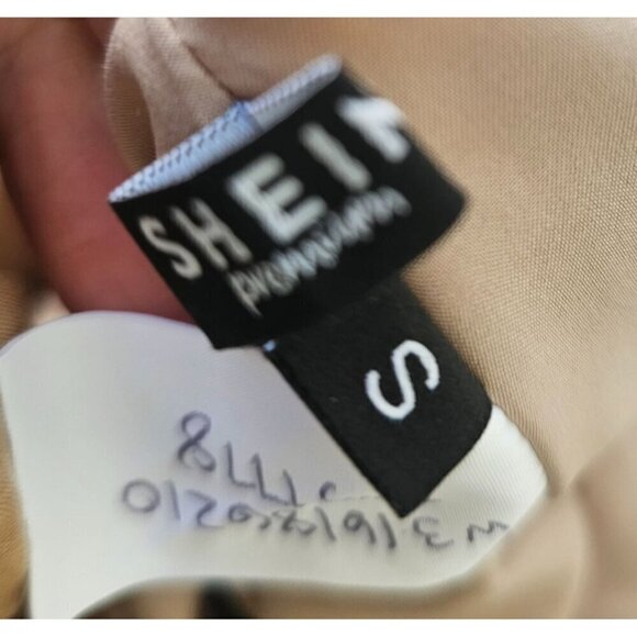 SHEIN Premium Gatherd Flowy Midi Dress Women S Cold Shoulder Halter Neck Tan NEW - Picture 6 of 8